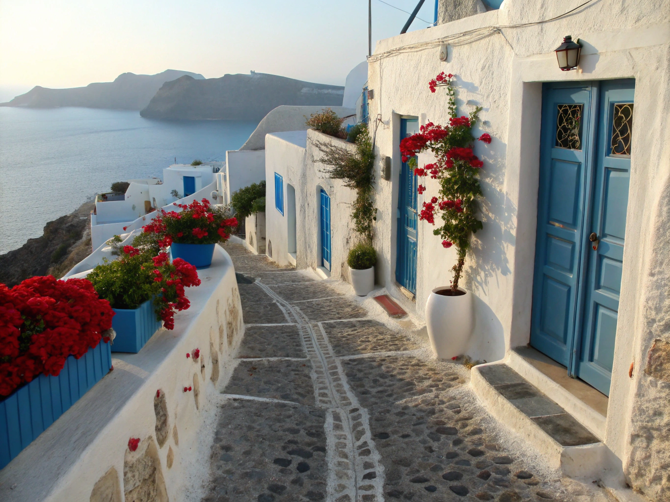 Прогулка по узким улочкам Фиры в лучах утреннего солнца